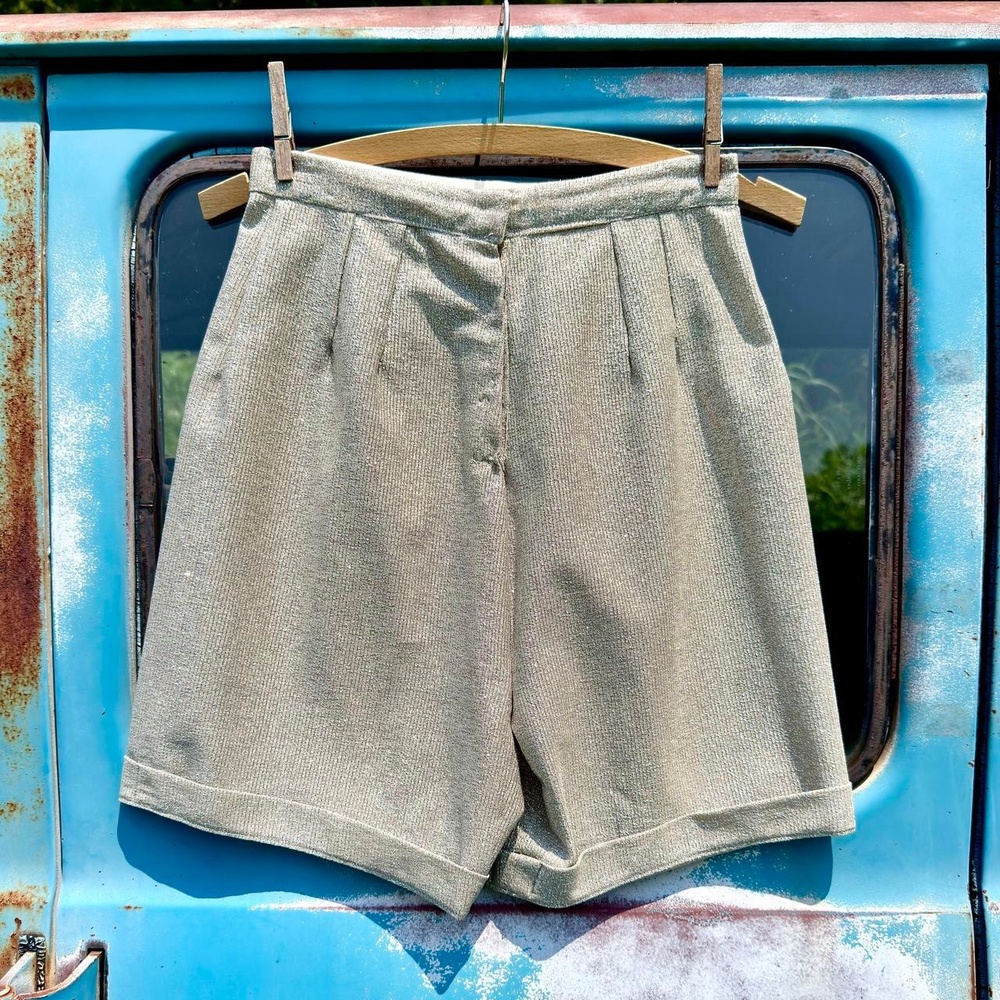 40s silver lame metallic knit shorts w/ high waist, tailor pleats, rolled hem